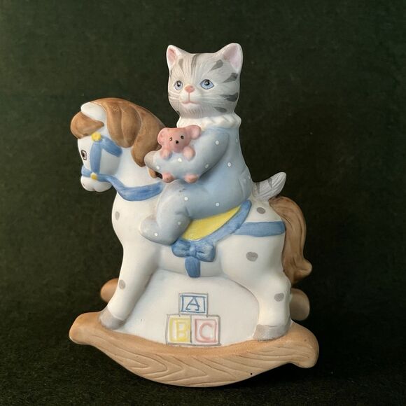 1988 Schmid Kitty Cucumber Rocking Horse Vintage Porcelain Figurine Blue Outift - Picture 2 of 7